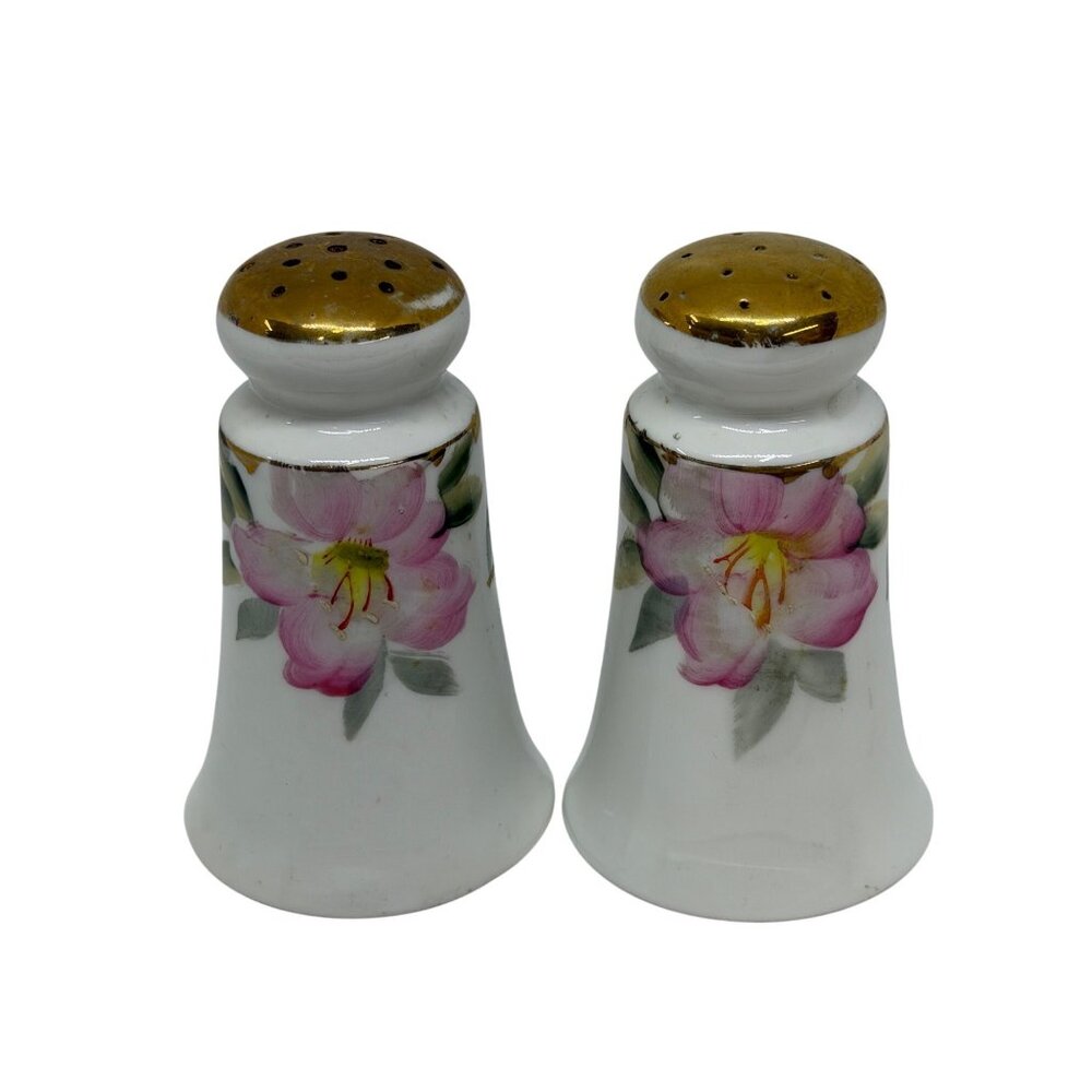 VTG Noritake Azalea Painted Floral Salt Pepper Shakers 4" Japan Gold Trim‎ Set 2